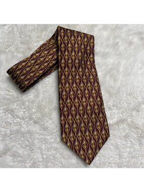 Vintage Rochas Paris Silk Tie Burgundy Red Gold Vine Medallion Made In France